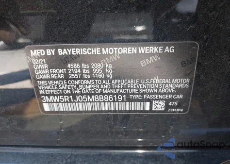 2021 BMW 330I z USA, uszkodzony, nr VIN 3MW5R1J05M8B86191